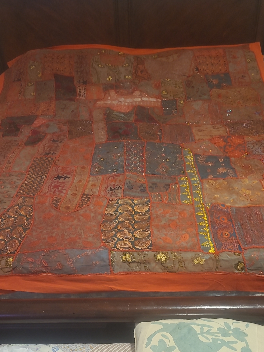 Vintage Rajasthani Orange and Gold Embroidered Silk Patchwork Tapestry